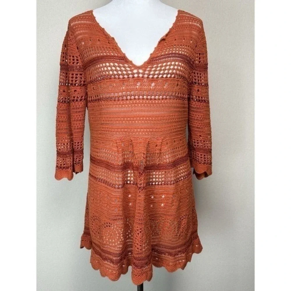 Premise Women's Open Knit Sweater Tunic Cover Up Orange Rust Sz L Boho Hippie